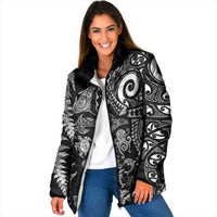 New Zealand Sea Animals Padded Jacket with Maori Koru Tribal Tattoo and Silver Ferns Black Color
