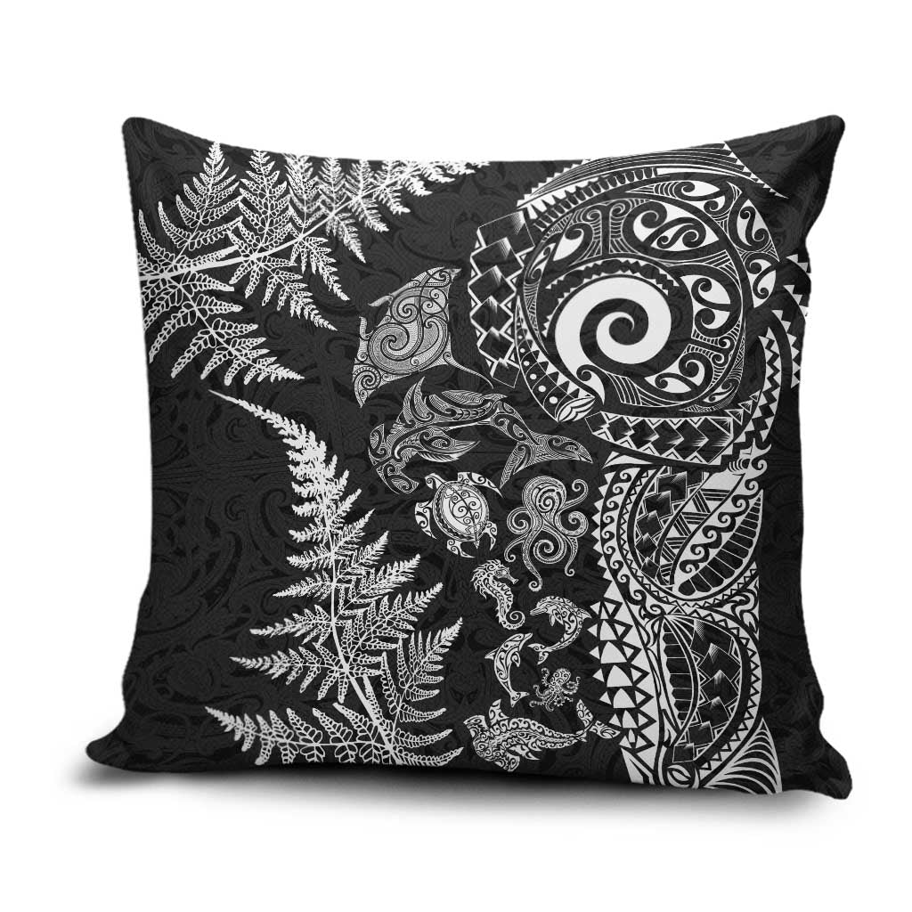 New Zealand Sea Animals Pillow Cover with Maori Koru Tribal Tattoo and Silver Ferns Black Color LT03 Black - Polynesian Pride