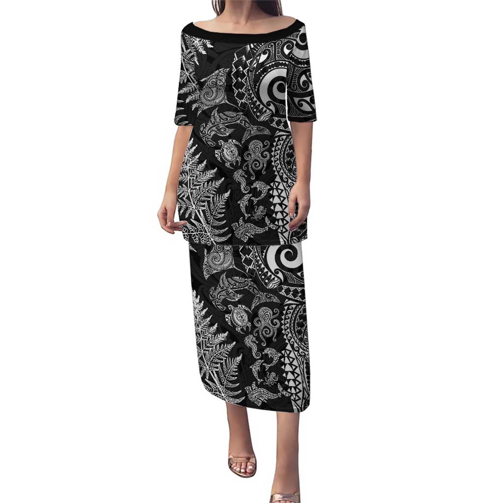 New Zealand Sea Animals Puletasi with Maori Koru Tribal Tattoo and Silver Ferns Black Color LT03 Long Dress Black - Polynesian Pride