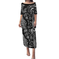 New Zealand Sea Animals Puletasi with Maori Koru Tribal Tattoo and Silver Ferns Black Color