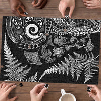 New Zealand Sea Animals Puzzle with Maori Koru Tribal Tattoo and Silver Ferns Black Color