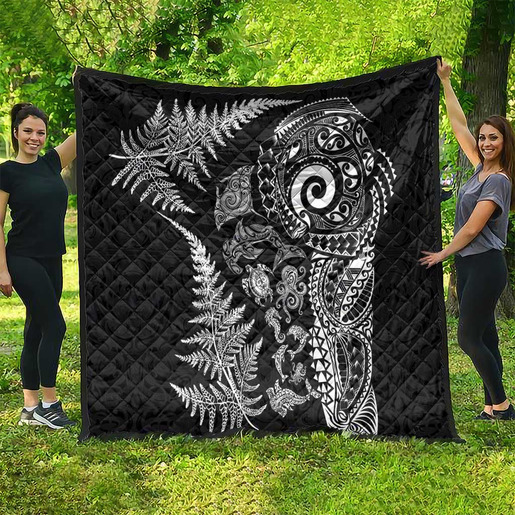 New Zealand Sea Animals Quilt with Maori Koru Tribal Tattoo and Silver Ferns Black Color