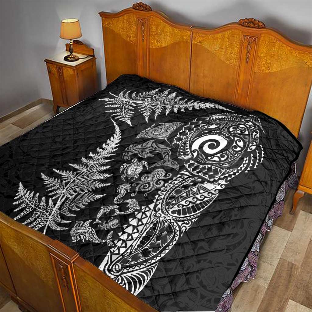 New Zealand Sea Animals Quilt with Maori Koru Tribal Tattoo and Silver Ferns Black Color