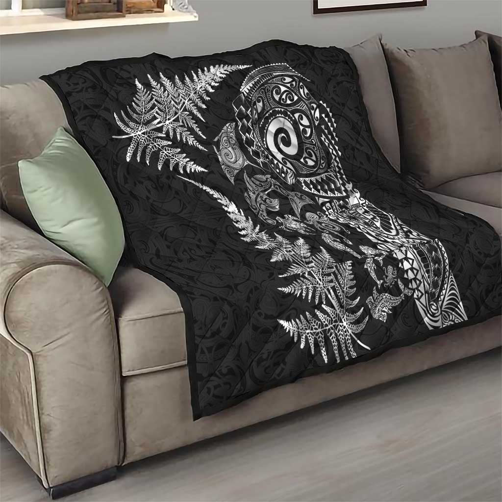 New Zealand Sea Animals Quilt with Maori Koru Tribal Tattoo and Silver Ferns Black Color