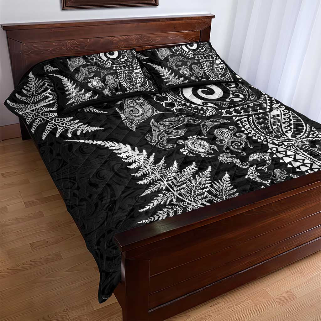 New Zealand Sea Animals Quilt Bed Set with Maori Koru Tribal Tattoo and Silver Ferns Black Color