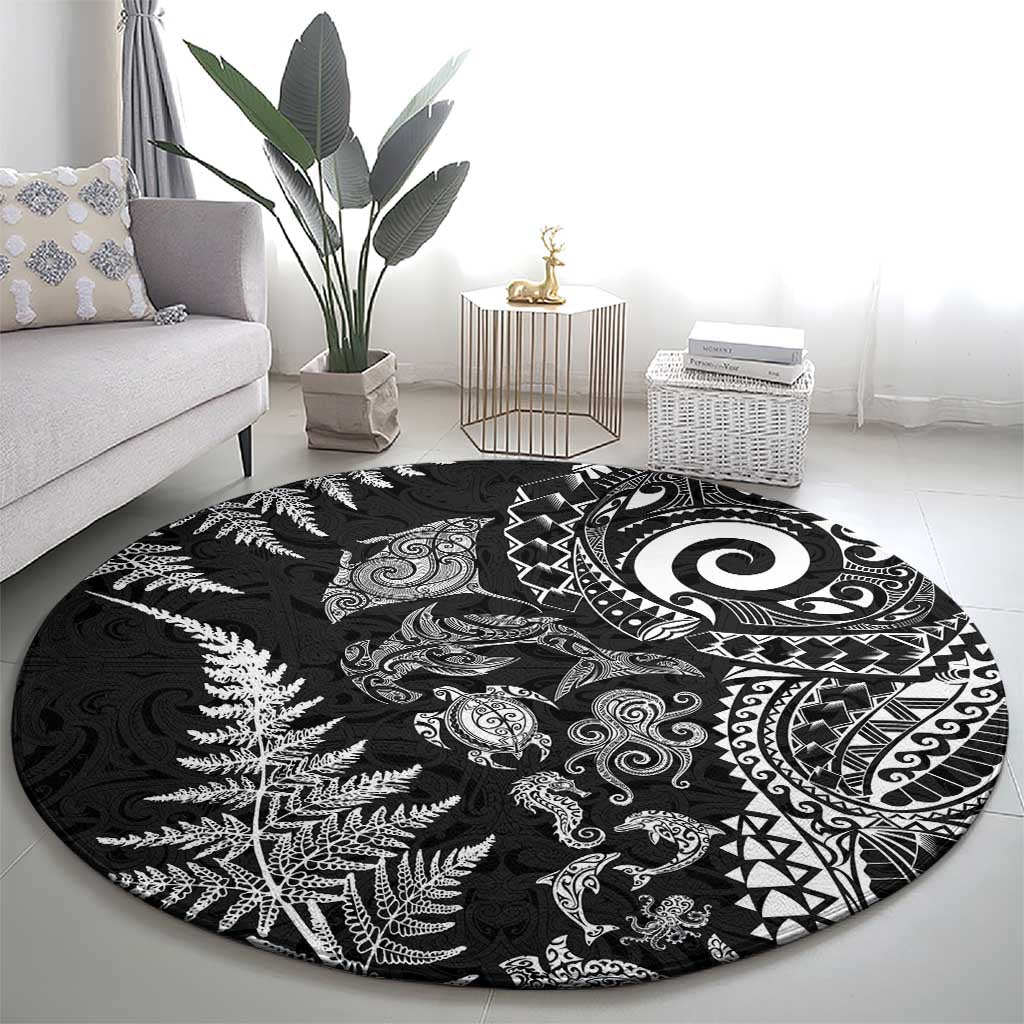 New Zealand Sea Animals Round Carpet with Maori Koru Tribal Tattoo and Silver Ferns Black Color