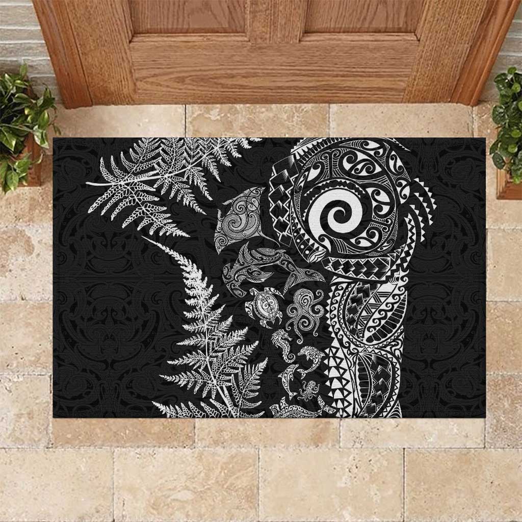New Zealand Sea Animals Rubber Doormat with Maori Koru Tribal Tattoo and Silver Ferns Black Color LT03 Black - Polynesian Pride