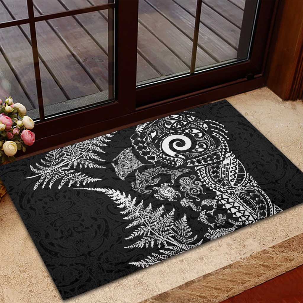 New Zealand Sea Animals Rubber Doormat with Maori Koru Tribal Tattoo and Silver Ferns Black Color