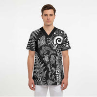 New Zealand Sea Animals Scrub Top with Maori Koru Tribal Tattoo and Silver Ferns Black Color
