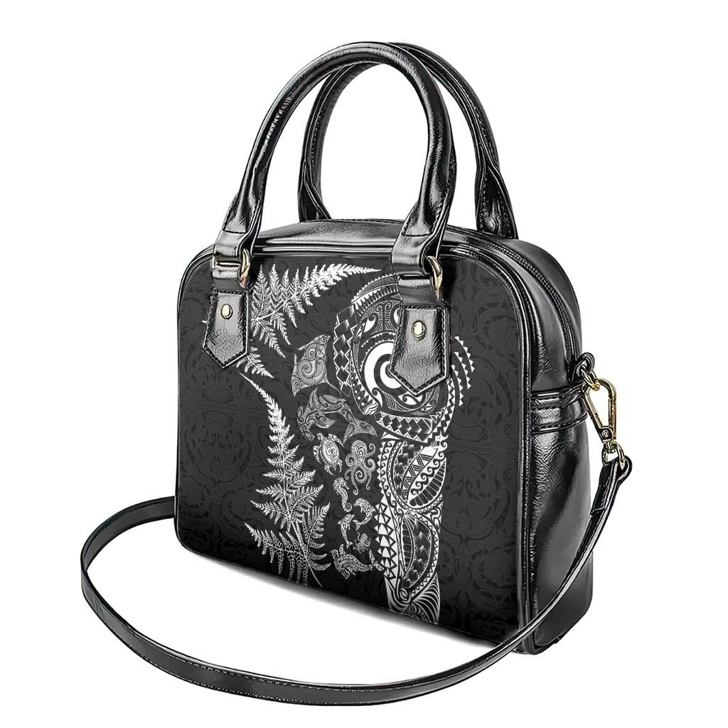 New Zealand Sea Animals Shoulder Handbag with Maori Koru Tribal Tattoo and Silver Ferns Black Color