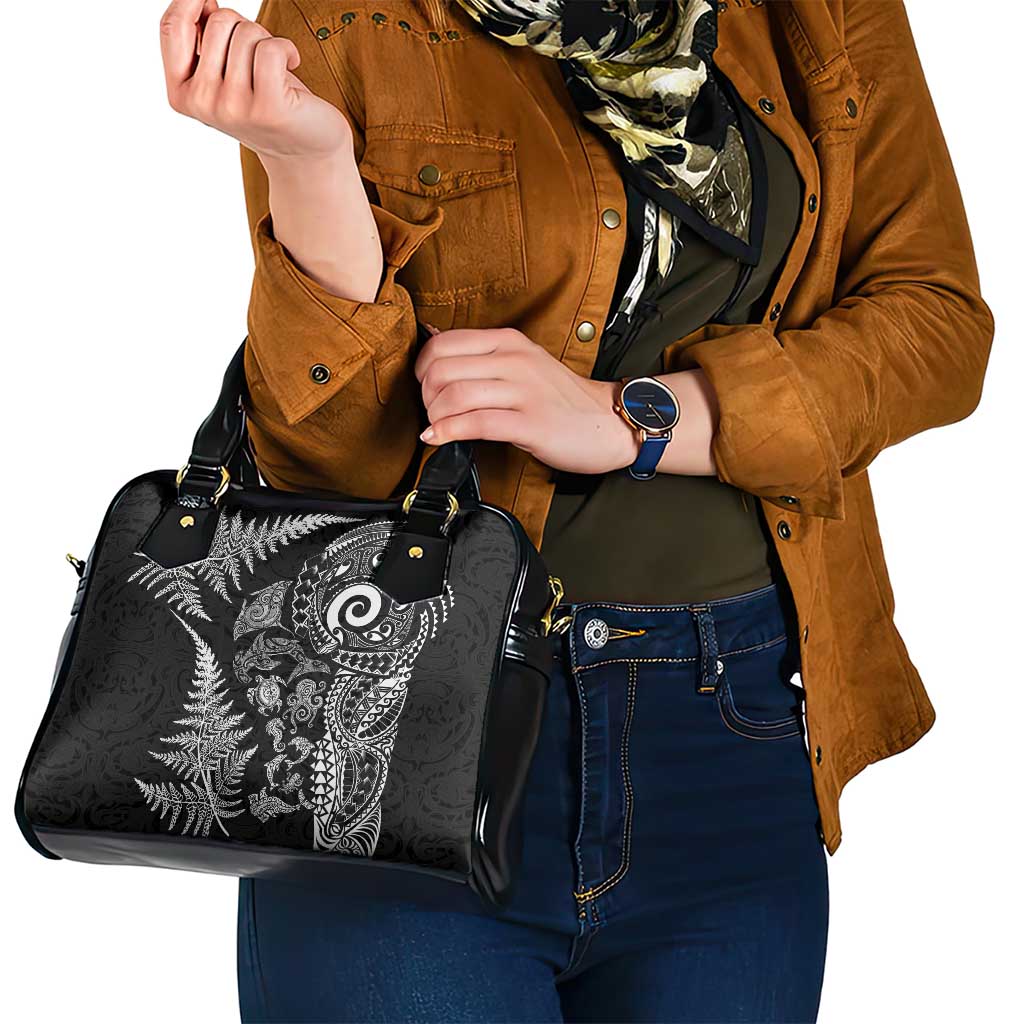 New Zealand Sea Animals Shoulder Handbag with Maori Koru Tribal Tattoo and Silver Ferns Black Color