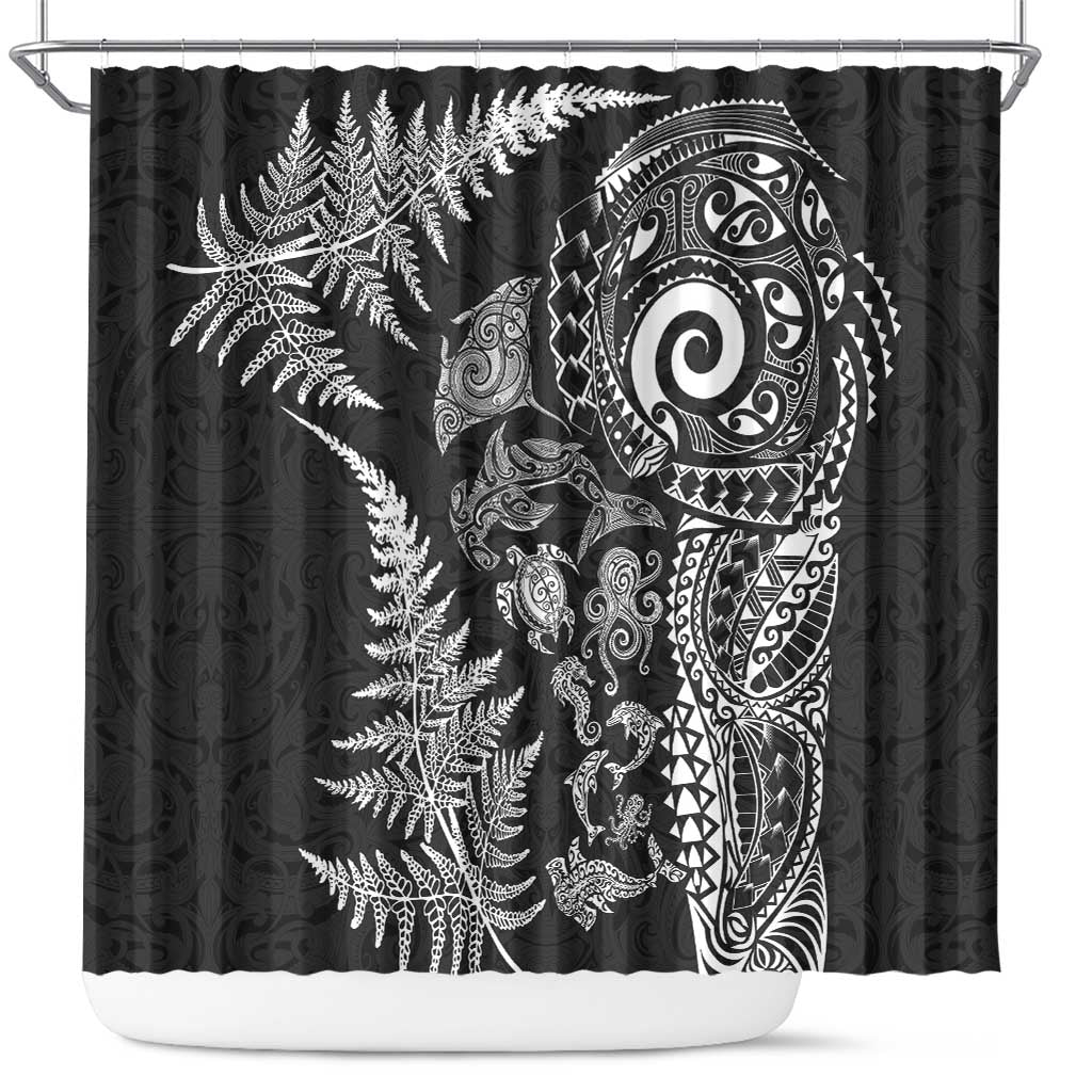 New Zealand Sea Animals Shower Curtain with Maori Koru Tribal Tattoo and Silver Ferns Black Color
