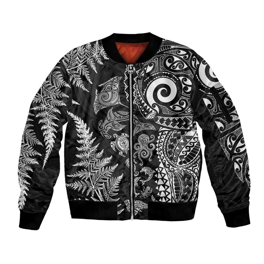 New Zealand Sea Animals Sleeve Zip Bomber Jacket with Maori Koru Tribal Tattoo and Silver Ferns Black Color LT03 Unisex Black - Polynesian Pride