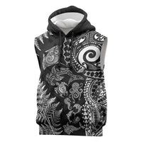 New Zealand Sea Animals Sleeveless Hoodie with Maori Koru Tribal Tattoo and Silver Ferns Black Color