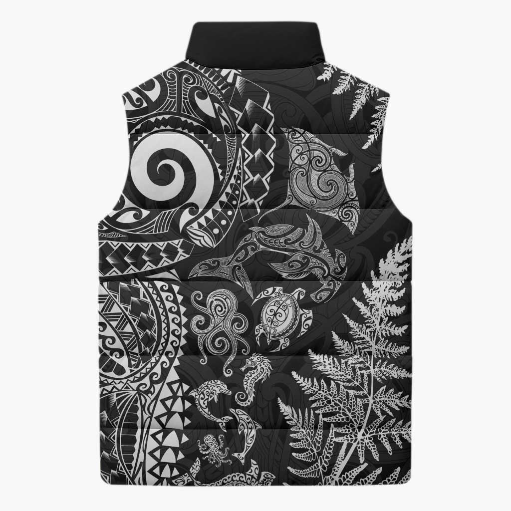 New Zealand Sea Animals Sleeveless Puffer Jacket with Maori Koru Tribal Tattoo and Silver Ferns Black Color