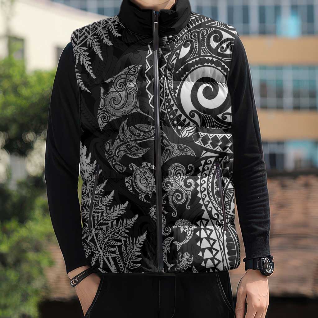 New Zealand Sea Animals Sleeveless Puffer Jacket with Maori Koru Tribal Tattoo and Silver Ferns Black Color