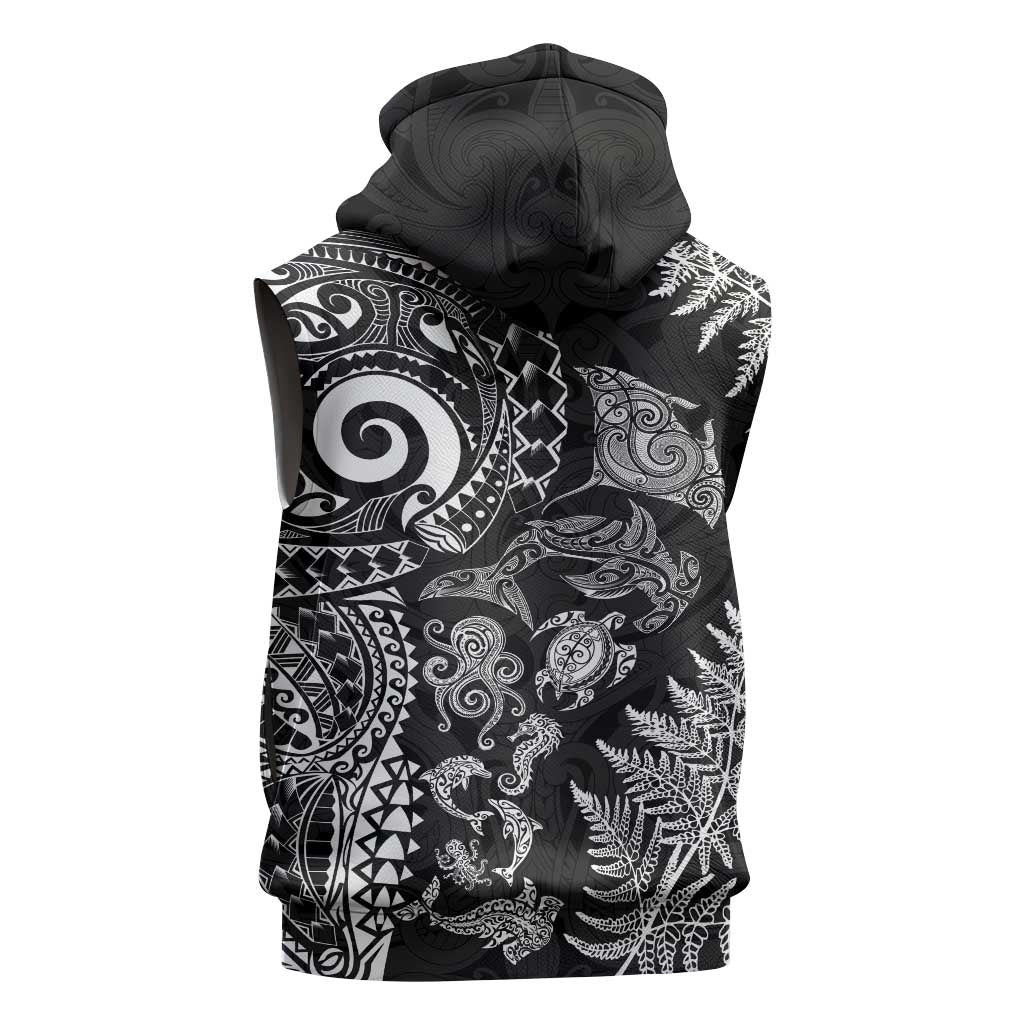 New Zealand Sea Animals Sleeveless Zip Hoodie with Maori Koru Tribal Tattoo and Silver Ferns Black Color