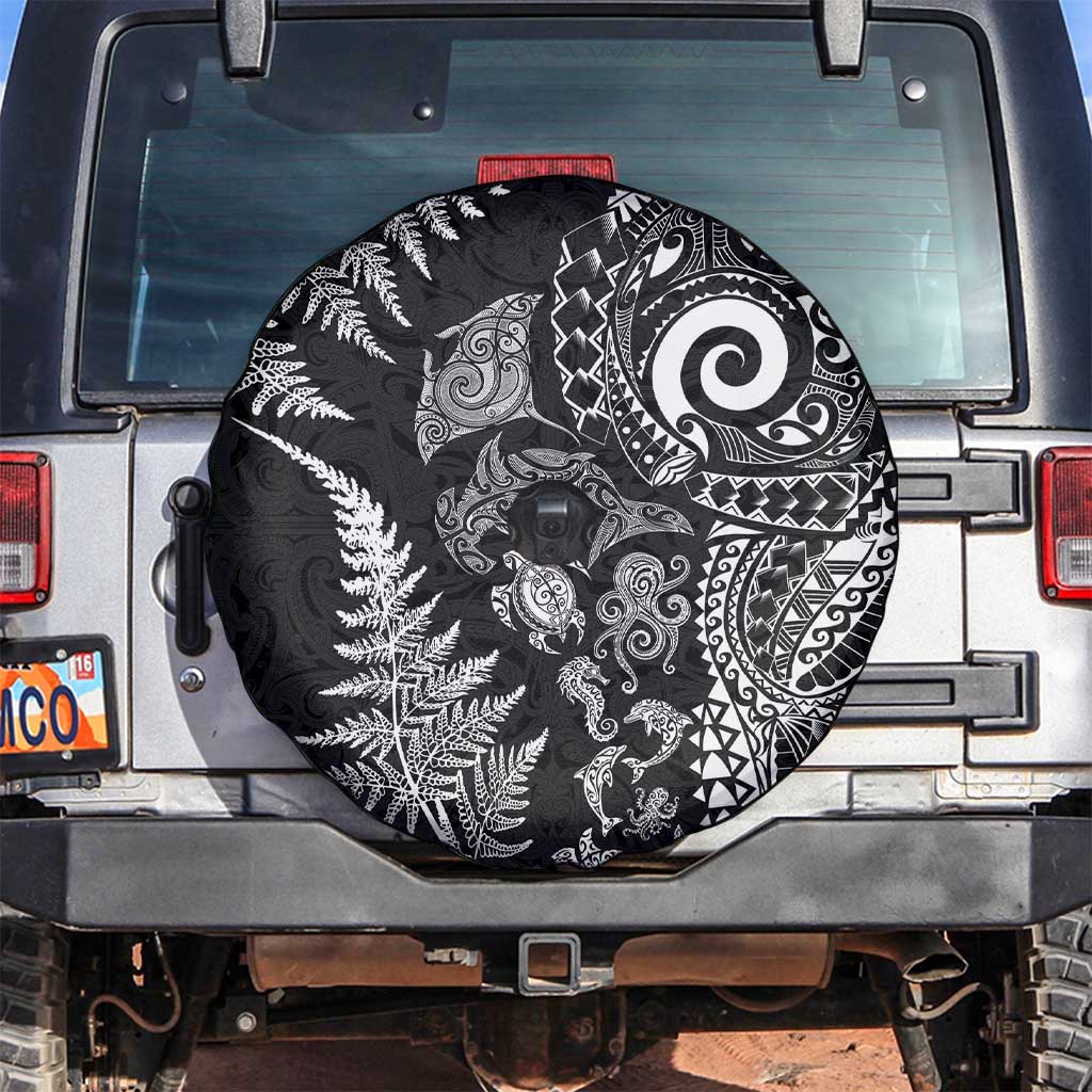 New Zealand Sea Animals Spare Tire Cover with Maori Koru Tribal Tattoo and Silver Ferns Black Color