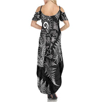 New Zealand Sea Animals Summer Maxi Dress with Maori Koru Tribal Tattoo and Silver Ferns Black Color