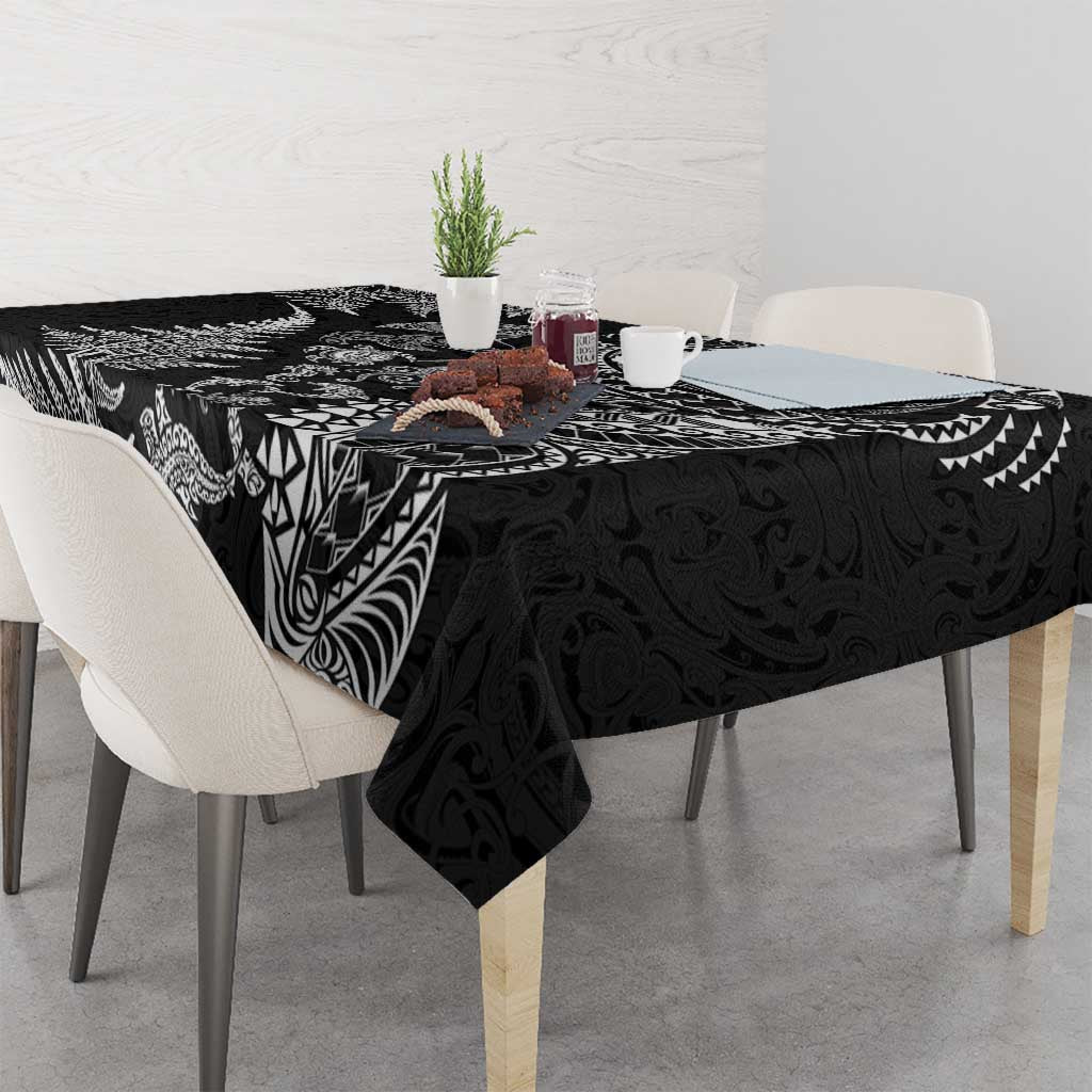 New Zealand Sea Animals Tablecloth with Maori Koru Tribal Tattoo and Silver Ferns Black Color