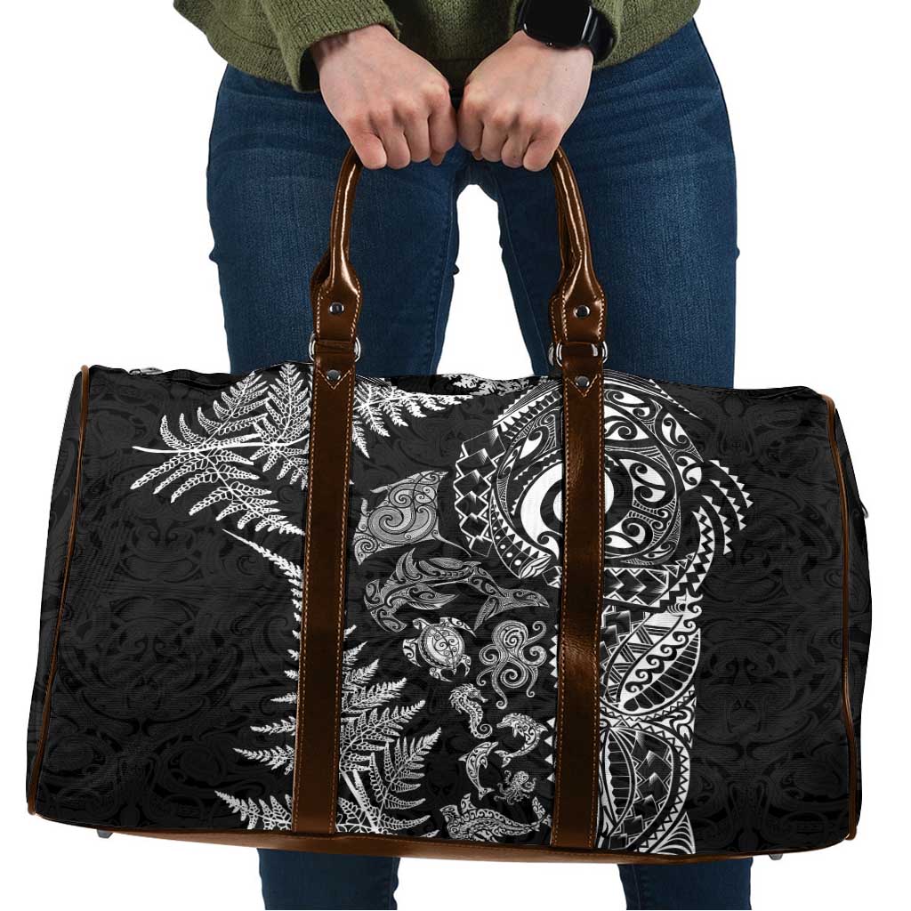 New Zealand Sea Animals Travel Bag with Maori Koru Tribal Tattoo and Silver Ferns Black Color