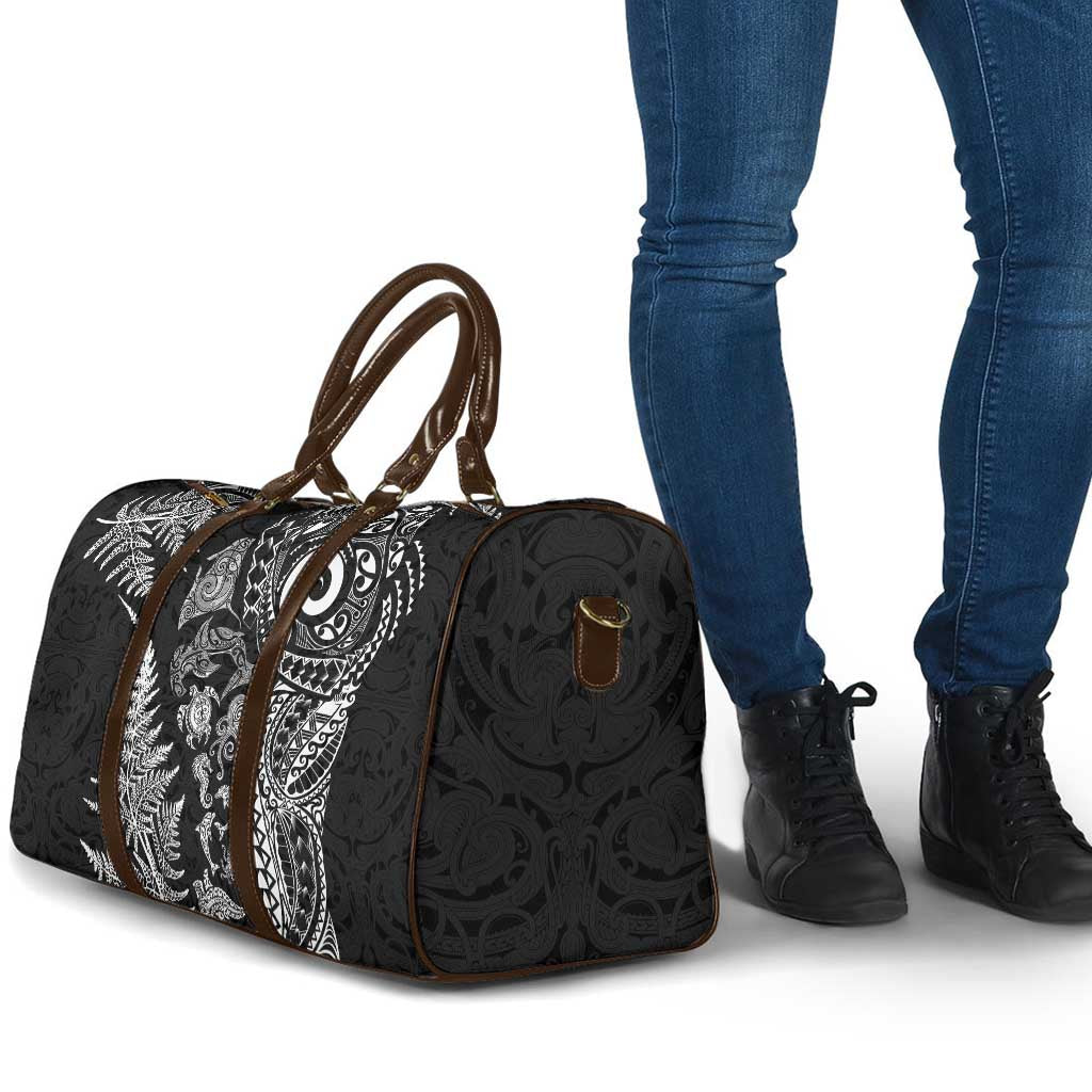 New Zealand Sea Animals Travel Bag with Maori Koru Tribal Tattoo and Silver Ferns Black Color