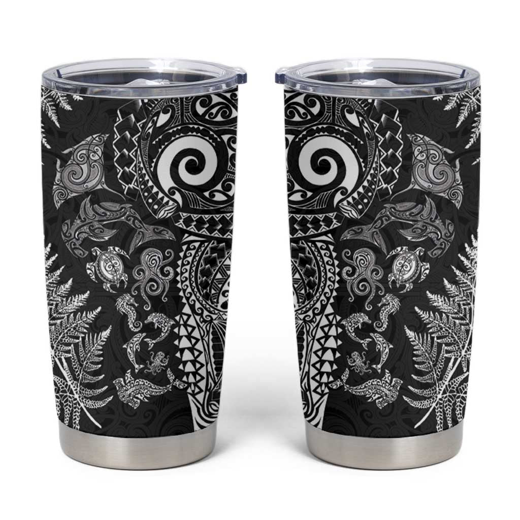 New Zealand Sea Animals Tumbler Cup with Maori Koru Tribal Tattoo and Silver Ferns Black Color
