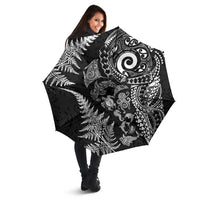 New Zealand Sea Animals Umbrella with Maori Koru Tribal Tattoo and Silver Ferns Black Color