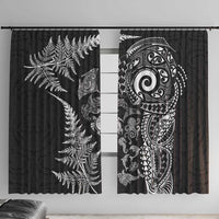 New Zealand Sea Animals Window Curtain with Maori Koru Tribal Tattoo and Silver Ferns Black Color