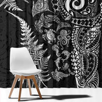 New Zealand Sea Animals Window Curtain with Maori Koru Tribal Tattoo and Silver Ferns Black Color
