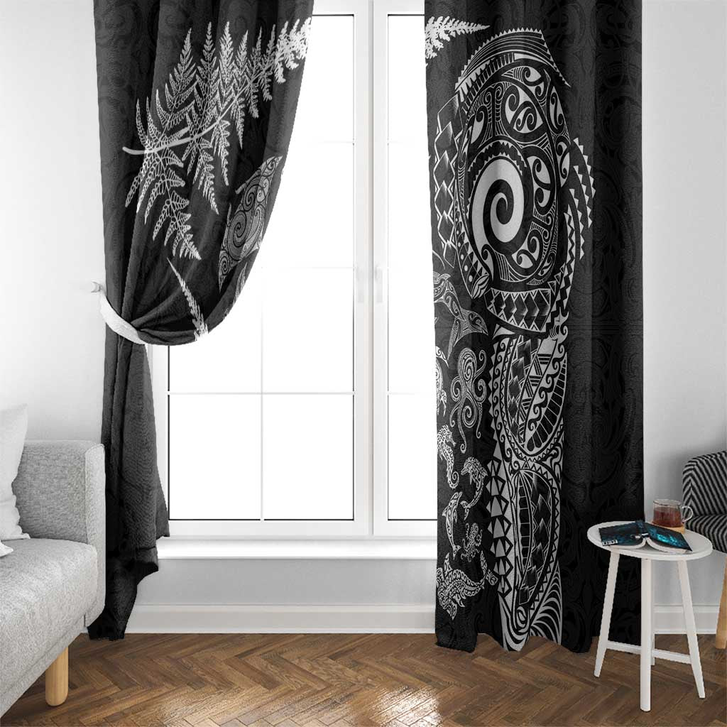 New Zealand Sea Animals Window Curtain with Maori Koru Tribal Tattoo and Silver Ferns Black Color