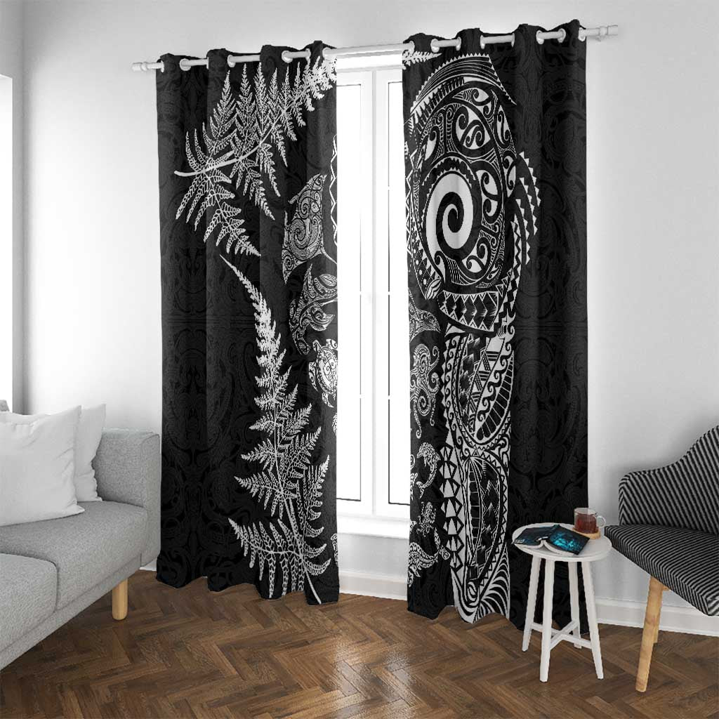 New Zealand Sea Animals Window Curtain with Maori Koru Tribal Tattoo and Silver Ferns Black Color