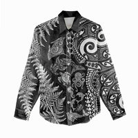 New Zealand Sea Animals Women Casual Shirt with Maori Koru Tribal Tattoo and Silver Ferns Black Color