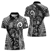 New Zealand Sea Animals Women Polo Shirt with Maori Koru Tribal Tattoo and Silver Ferns Black Color