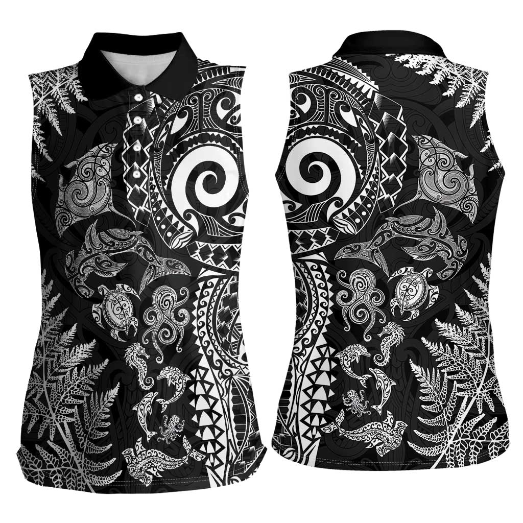 New Zealand Sea Animals Women Sleeveless Polo Shirt with Maori Koru Tribal Tattoo and Silver Ferns Black Color