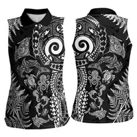 New Zealand Sea Animals Women Sleeveless Polo Shirt with Maori Koru Tribal Tattoo and Silver Ferns Black Color