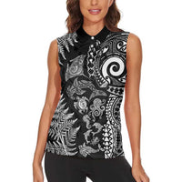 New Zealand Sea Animals Women Sleeveless Polo Shirt with Maori Koru Tribal Tattoo and Silver Ferns Black Color