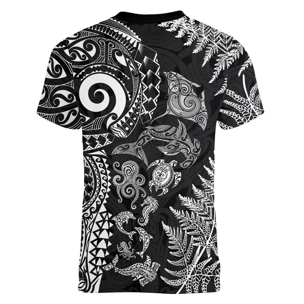 New Zealand Sea Animals Women V-Neck T-Shirt with Maori Koru Tribal Tattoo and Silver Ferns Black Color