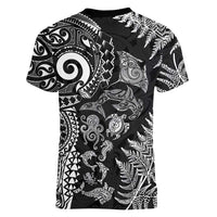 New Zealand Sea Animals Women V-Neck T-Shirt with Maori Koru Tribal Tattoo and Silver Ferns Black Color