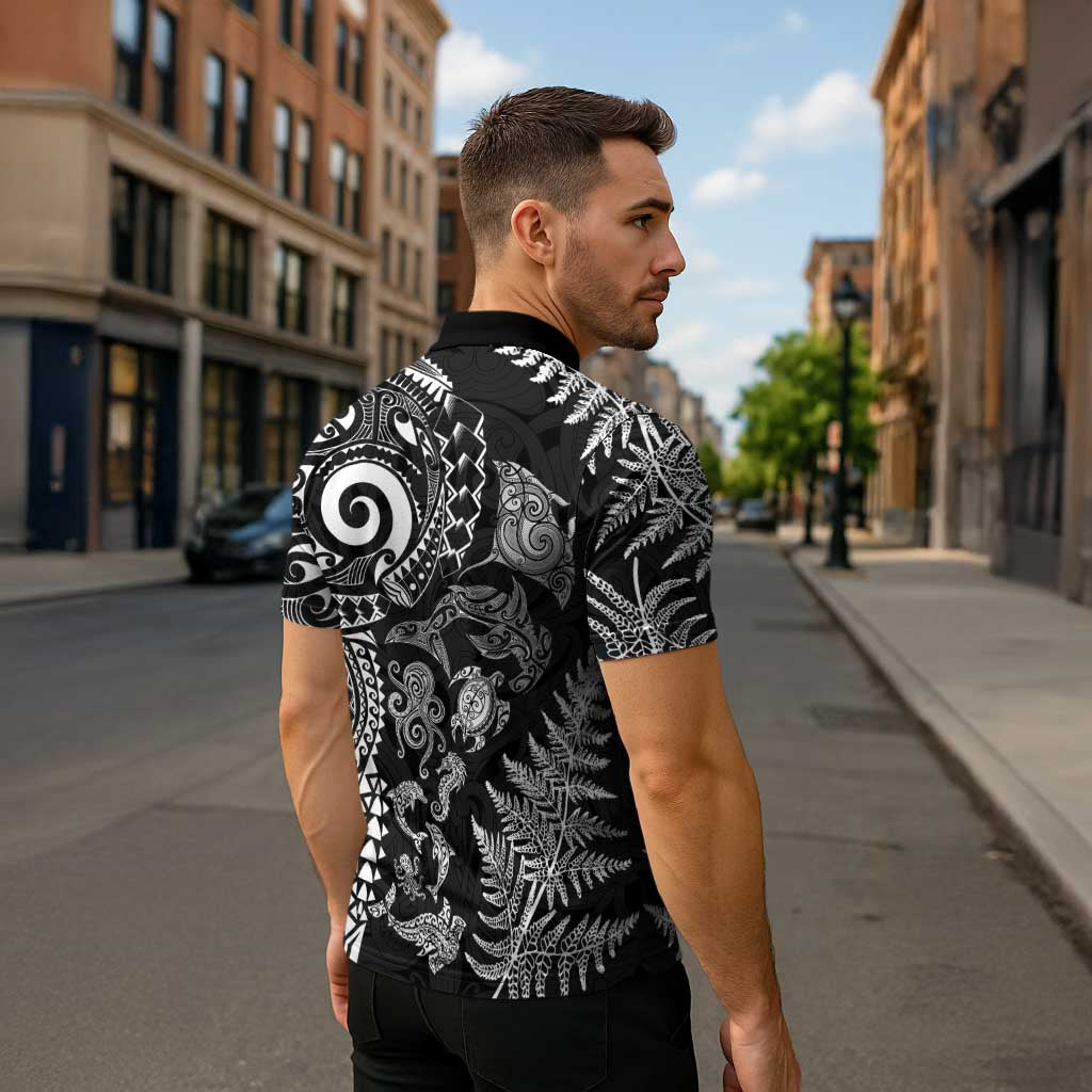 New Zealand Sea Animals Zipper Polo Shirt with Maori Koru Tribal Tattoo and Silver Ferns Black Color