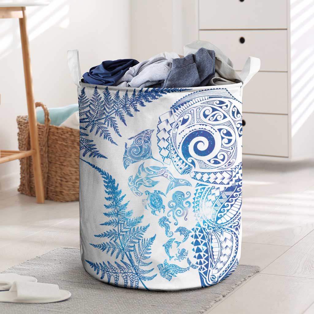 New Zealand Sea Animals Laundry Basket with Maori Koru Tribal Tattoo and Silver Ferns Galaxy Style LT03 Multicolor - Polynesian Pride