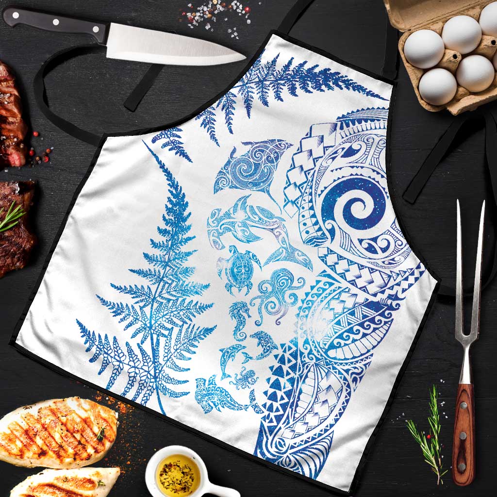 New Zealand Sea Animals Apron with Maori Koru Tribal Tattoo and Silver Ferns Galaxy Style