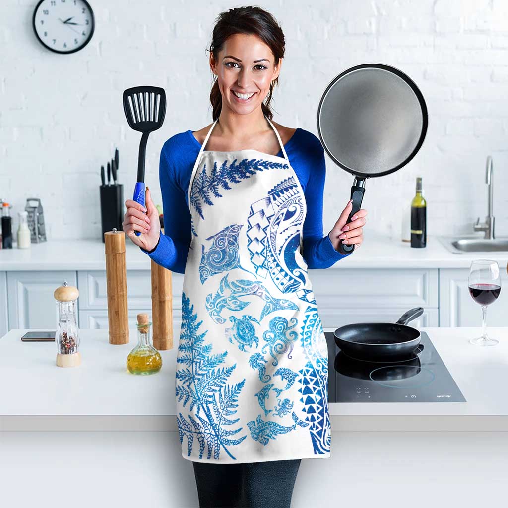 New Zealand Sea Animals Apron with Maori Koru Tribal Tattoo and Silver Ferns Galaxy Style