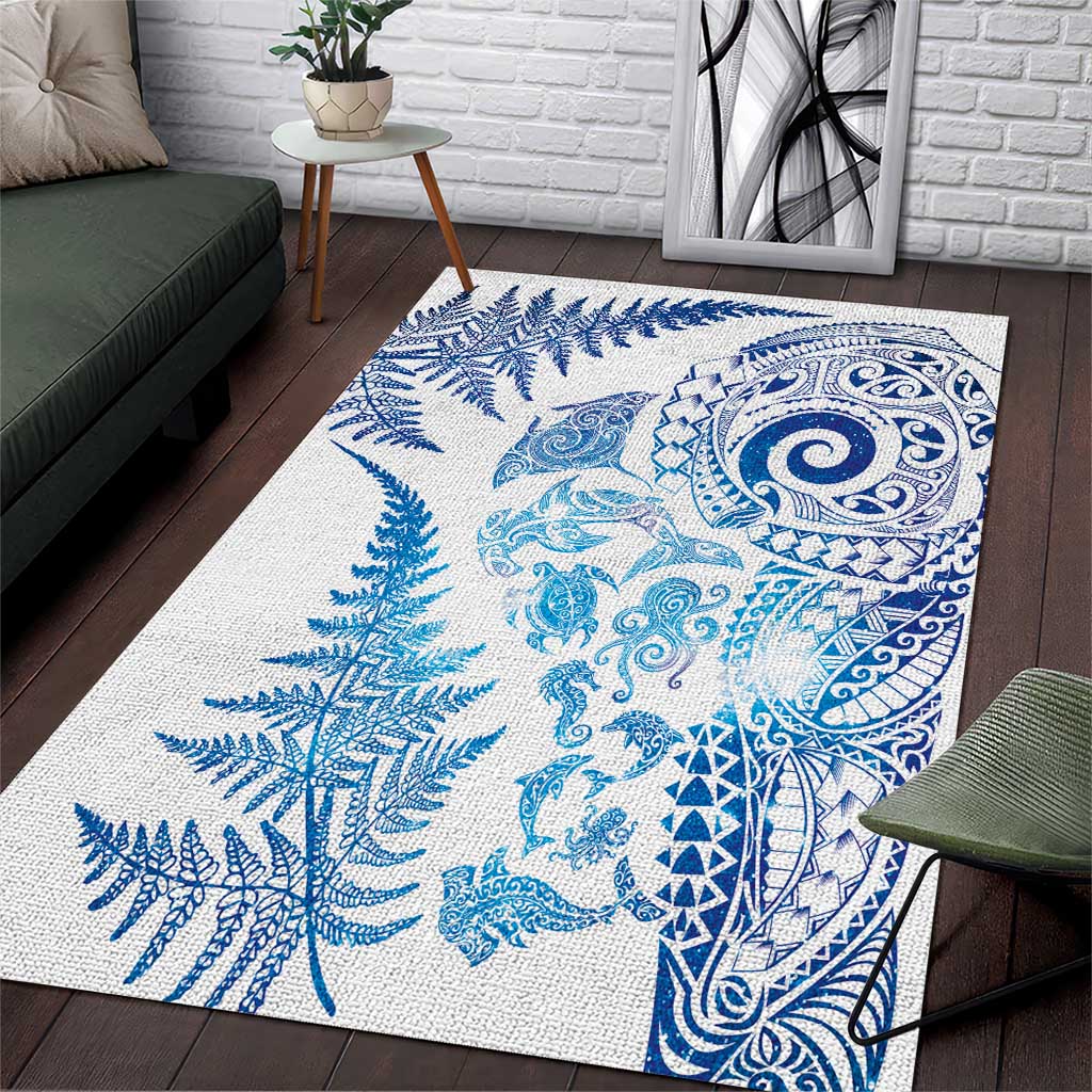 New Zealand Sea Animals Area Rug with Maori Koru Tribal Tattoo and Silver Ferns Galaxy Style