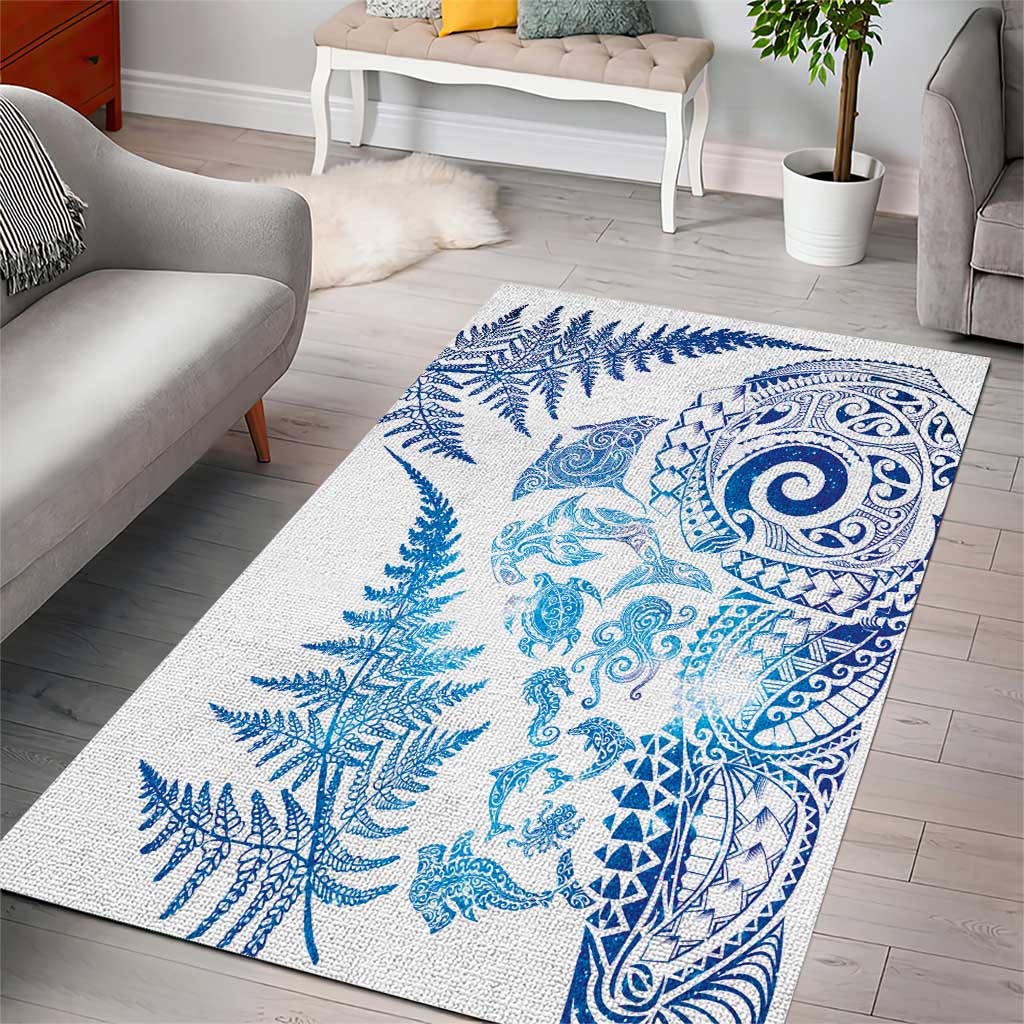 New Zealand Sea Animals Area Rug with Maori Koru Tribal Tattoo and Silver Ferns Galaxy Style