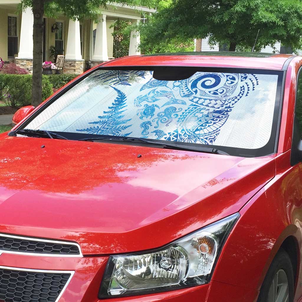New Zealand Sea Animals Auto Sun Shade with Maori Koru Tribal Tattoo and Silver Ferns Galaxy Style