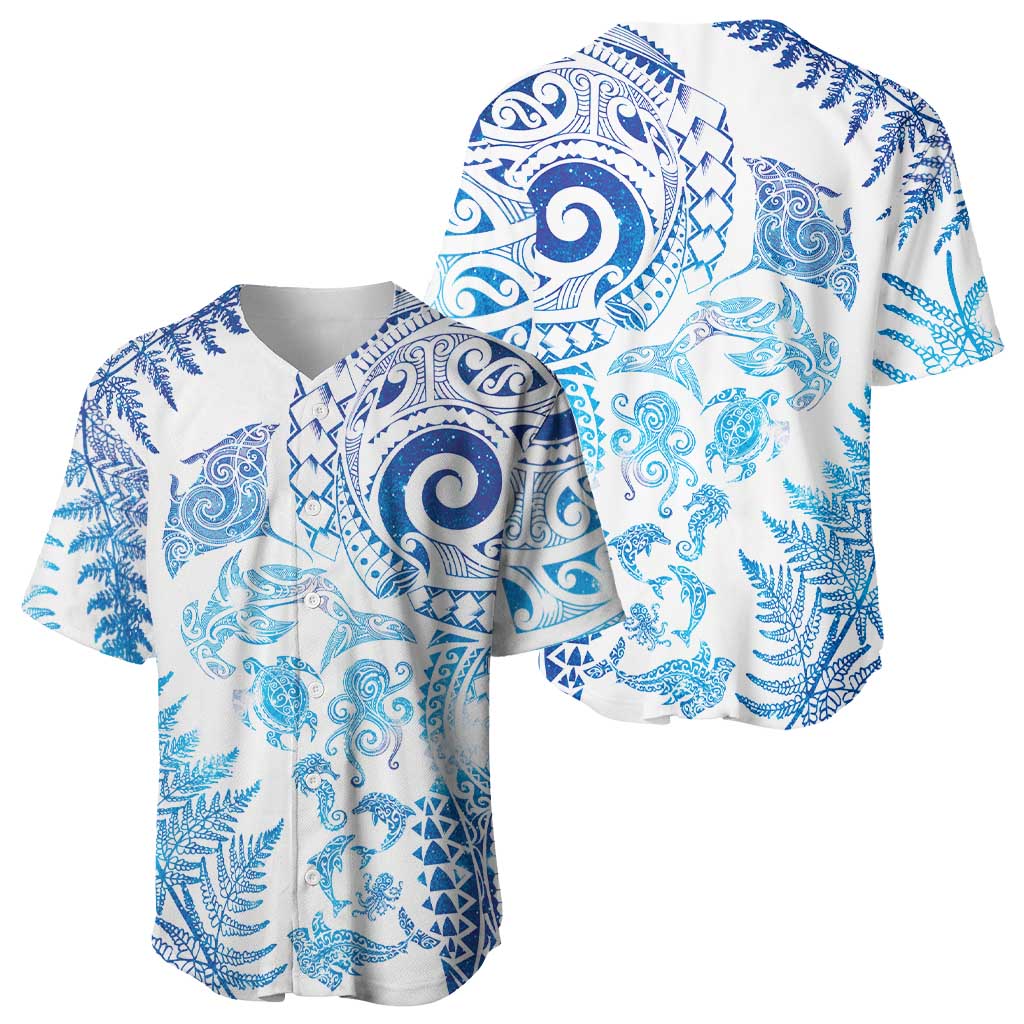 New Zealand Sea Animals Baseball Jersey with Maori Koru Tribal Tattoo and Silver Ferns Galaxy Style