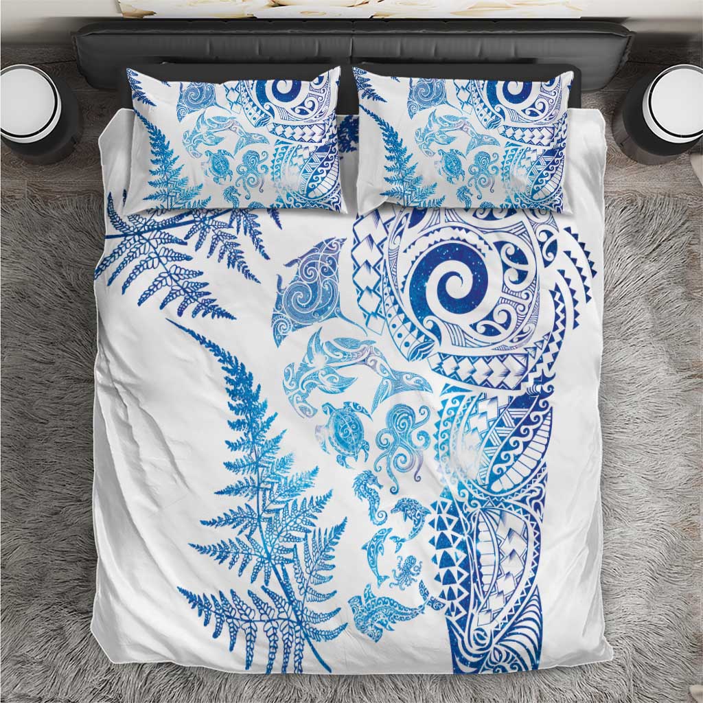 New Zealand Sea Animals Bedding Set with Maori Koru Tribal Tattoo and Silver Ferns Galaxy Style