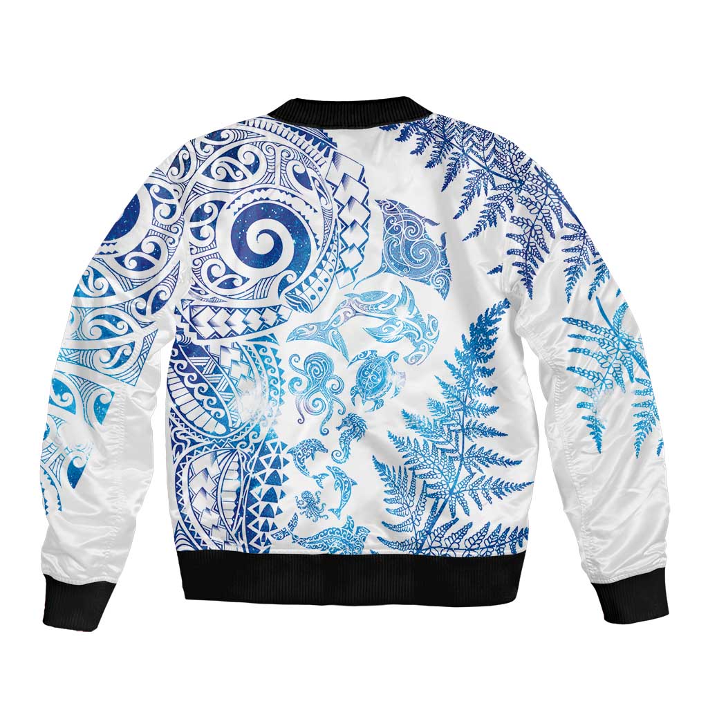 New Zealand Sea Animals Bomber Jacket with Maori Koru Tribal Tattoo and Silver Ferns Galaxy Style LT03 - Polynesian Pride