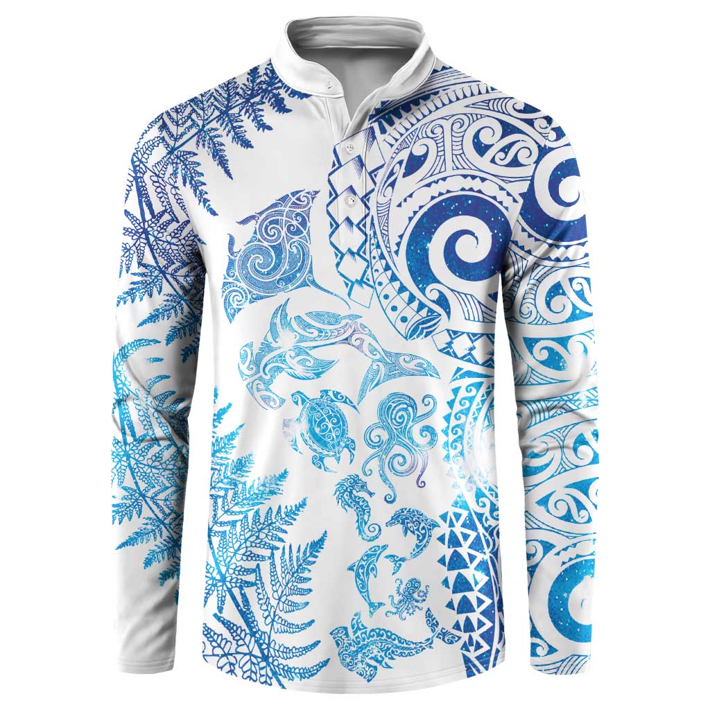New Zealand Sea Animals Button Sweatshirt with Maori Koru Tribal Tattoo and Silver Ferns Galaxy Style LT03 Multicolor - Polynesian Pride